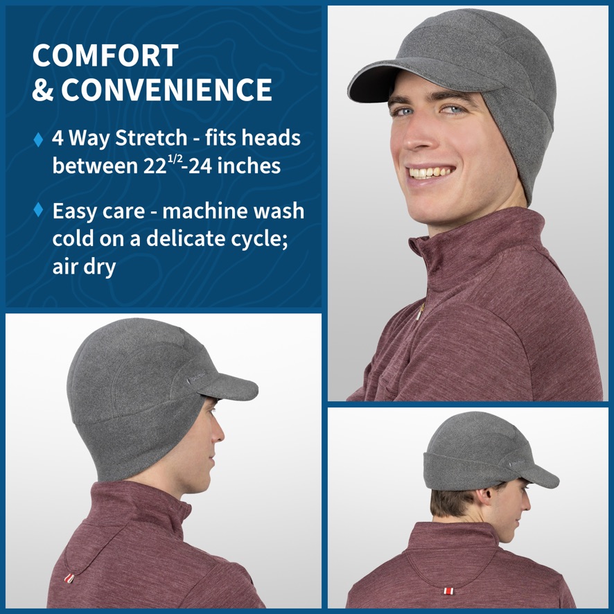 TrailHeads Men's Fleece Ball Cap with Drop Down Ear Warmer | The Trailblazer Adventure Hat - Heather Grey