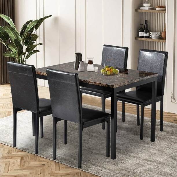 5 Piece Dining Table Set, Dark Brown Modern Kitchen Table Sets with PU