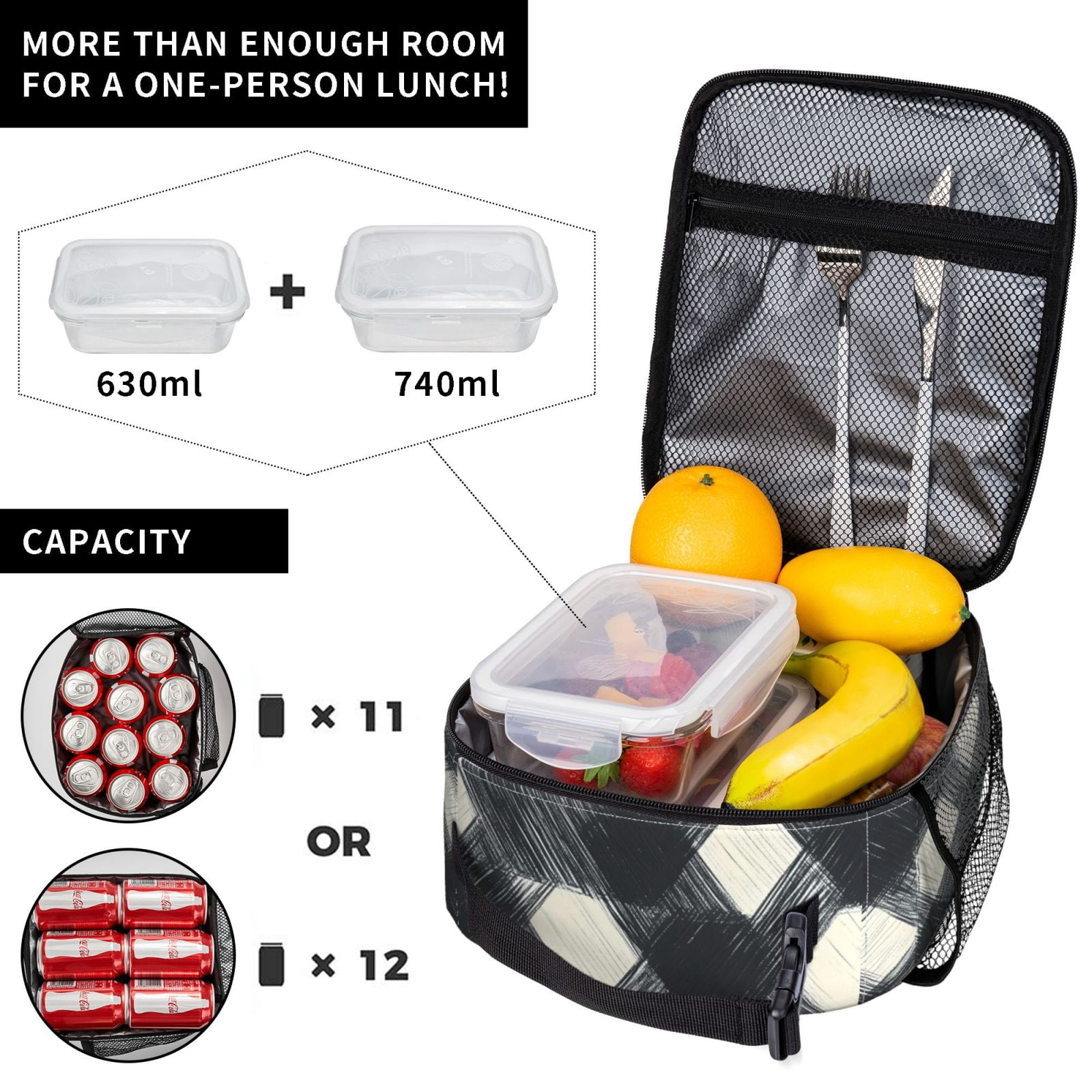 Lunch Bag For Women Men Insulated Portable Lunch Box Bento Box Office Picnic Travel Cooler Bag Darkgray Checked Hand-Drawn Sketch_1