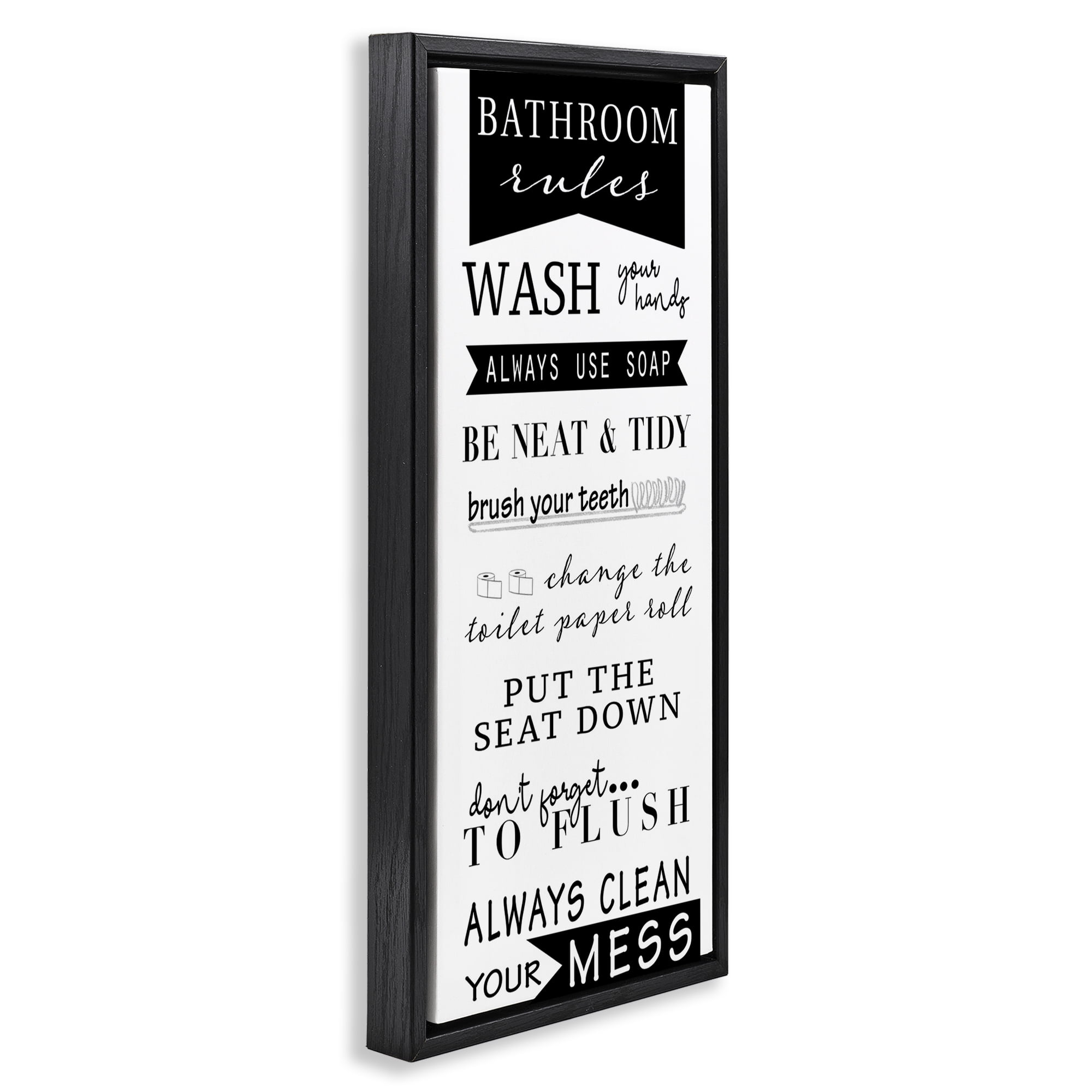 Stupell Industries Black Bathroom Rules Typography Painting Black Floater Framed Canvas Art Print Wall Art, 15 x 31