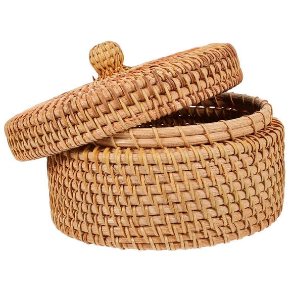 Hand Woven Rattan Storage Box with Lid Decorative Baskets for Desktop Organization