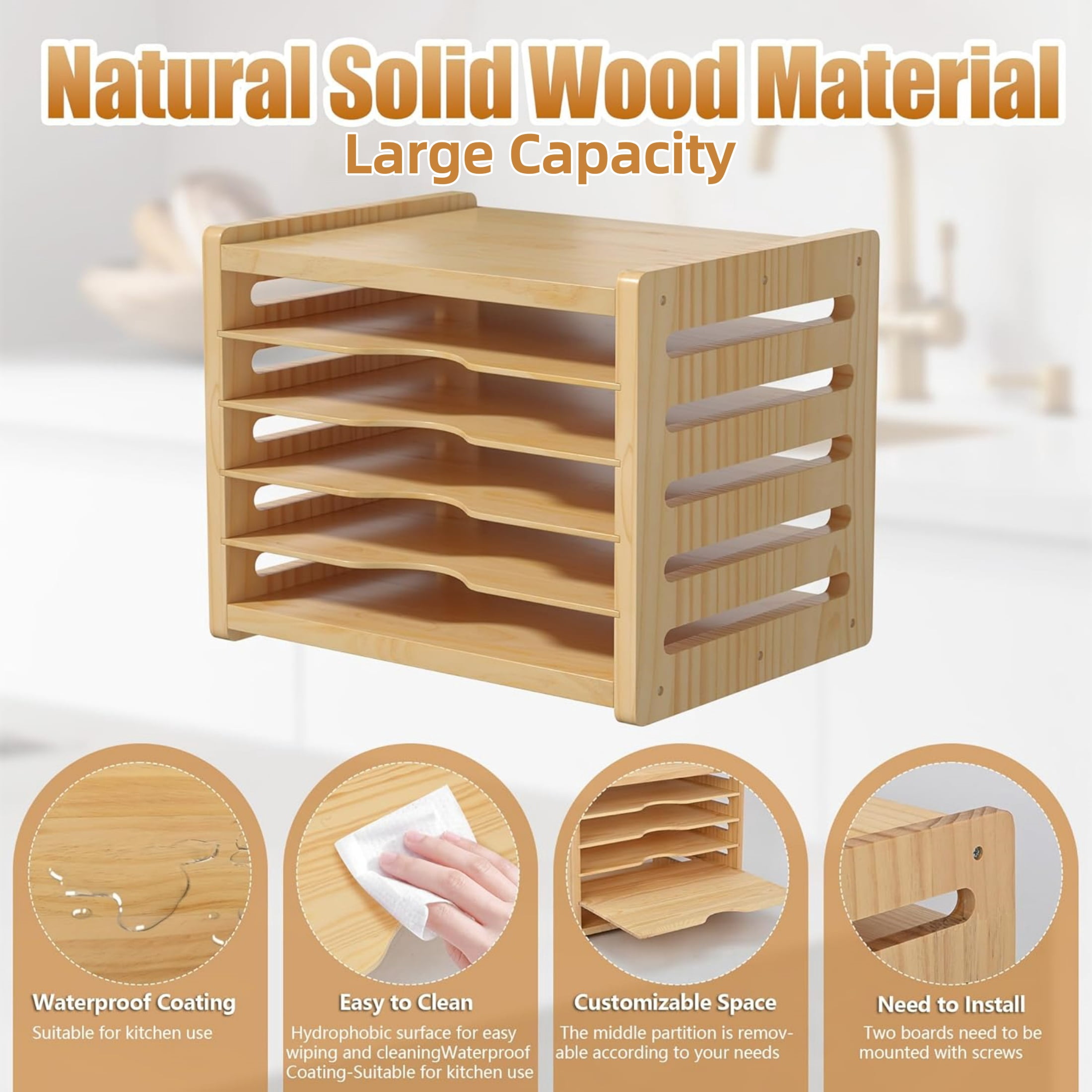 Gtouse Wooden Cabinet Tray Dividers, 6 Tier Kitchen Cookie Sheet Organizer for Pots, Pans, Baking Tray, Cutting Board