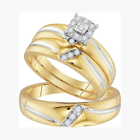 - 10K Yellow Gold 0.22ctw Shiny Pave Diamond Fashion Center Round Trio Set Ring