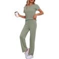 thumbnail image 4 of INSPIRE CHIC Women's Ribbed Knit Sweatsuit Round Neck 2 Piece Set Loungewear Short Sleeve Tracksuit XS Green, 4 of 5