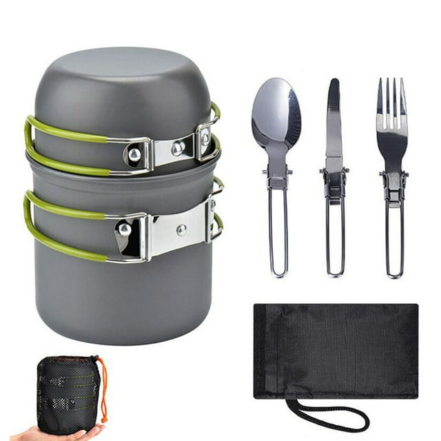 Camp Cook Pot, Fork Camping Cookware Set for Outdoor Orange Handle,Green Handle