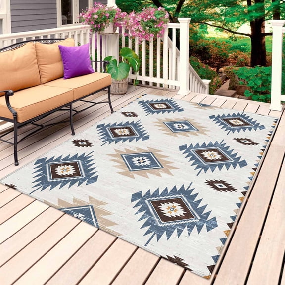 Blue Aztec Outdoor Rug for Patio/Deck/Porch, Non-Slip Large Area Rug 5 x 8 Ft, Southwest Boho Tribe Abstract Geometric Art Indoor Outdoor Rugs Washable Area Rugs, Reversible Camping Rug Carpet Runner