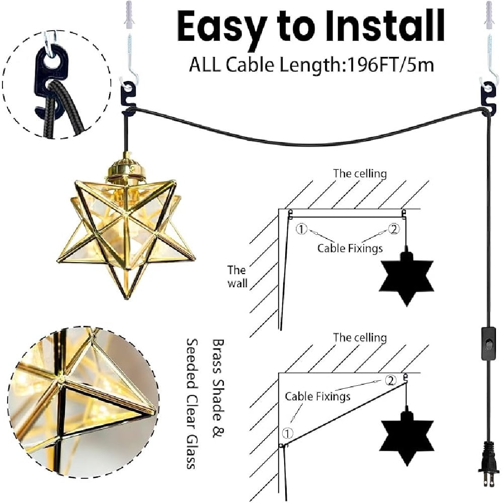 Gold Moravian Star Pendant Light with Brass Shade&Seeded Glass, 16.5ft Plug-in Hanging Light Fixture with Switch, Brass Lighting Fixture for Kitchen Island, Bedroom, Nursery(LED Bulb Included)