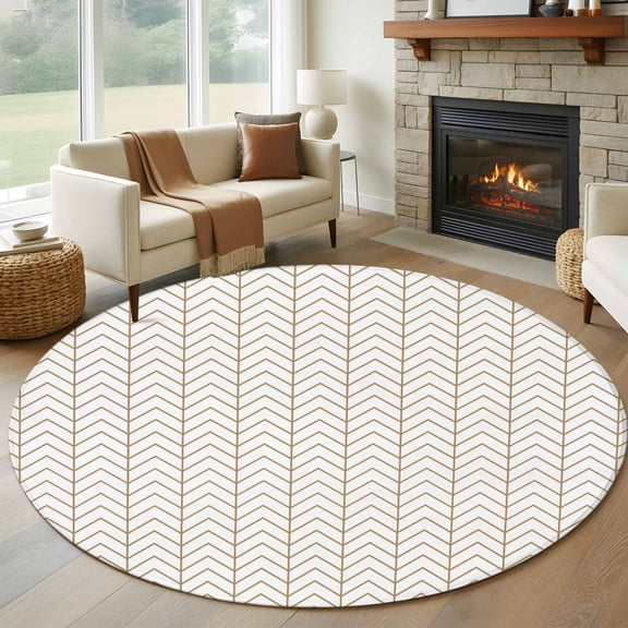 Simple Line White Round Area Rug 6Ft Washable Circle Rugs for Bathroom Office, Beige Modern Art Geometric Non-Slip Carpet Floor Mats Indoor Outdoor Carpet Runner Aesthetic Home Decor