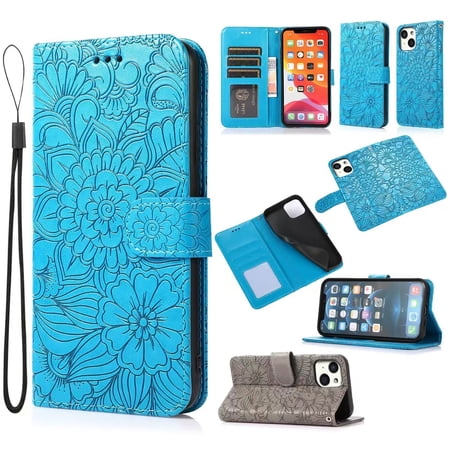 For iPhone 13 Case, Premium Leather Magnetic Closure Flip Wallet Case with Card Holder Cash Slot Stand Function Embossed Flower Pattern Slim Shockproof Lanyard/Strap Cover,Blue