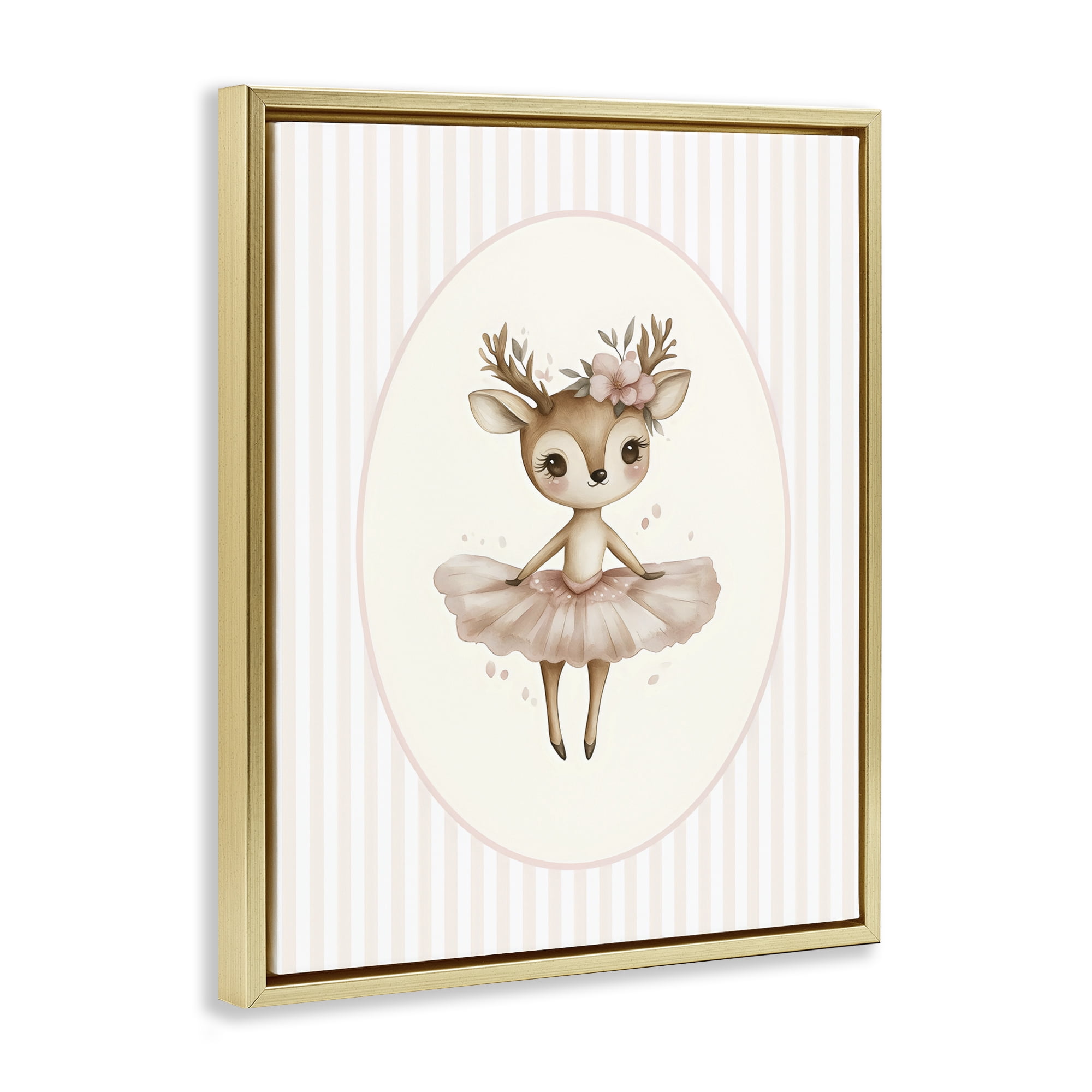 Stupell Industries Nursery Ballerina Deer Striped Gold Framed Floater Canvas Wall Art, design by LSR Design Studio