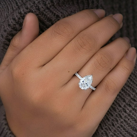 SOLITAIRE JEWELS 3CT Pear Cut Moissanite Engagement Ring 10K White Gold Hidden Halo Pave Accent Ring