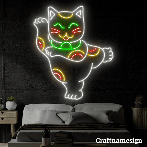Craftnamesign Lucky Cat Fortune Cat Neon Sign for Restaurant Shop Wall Decor
