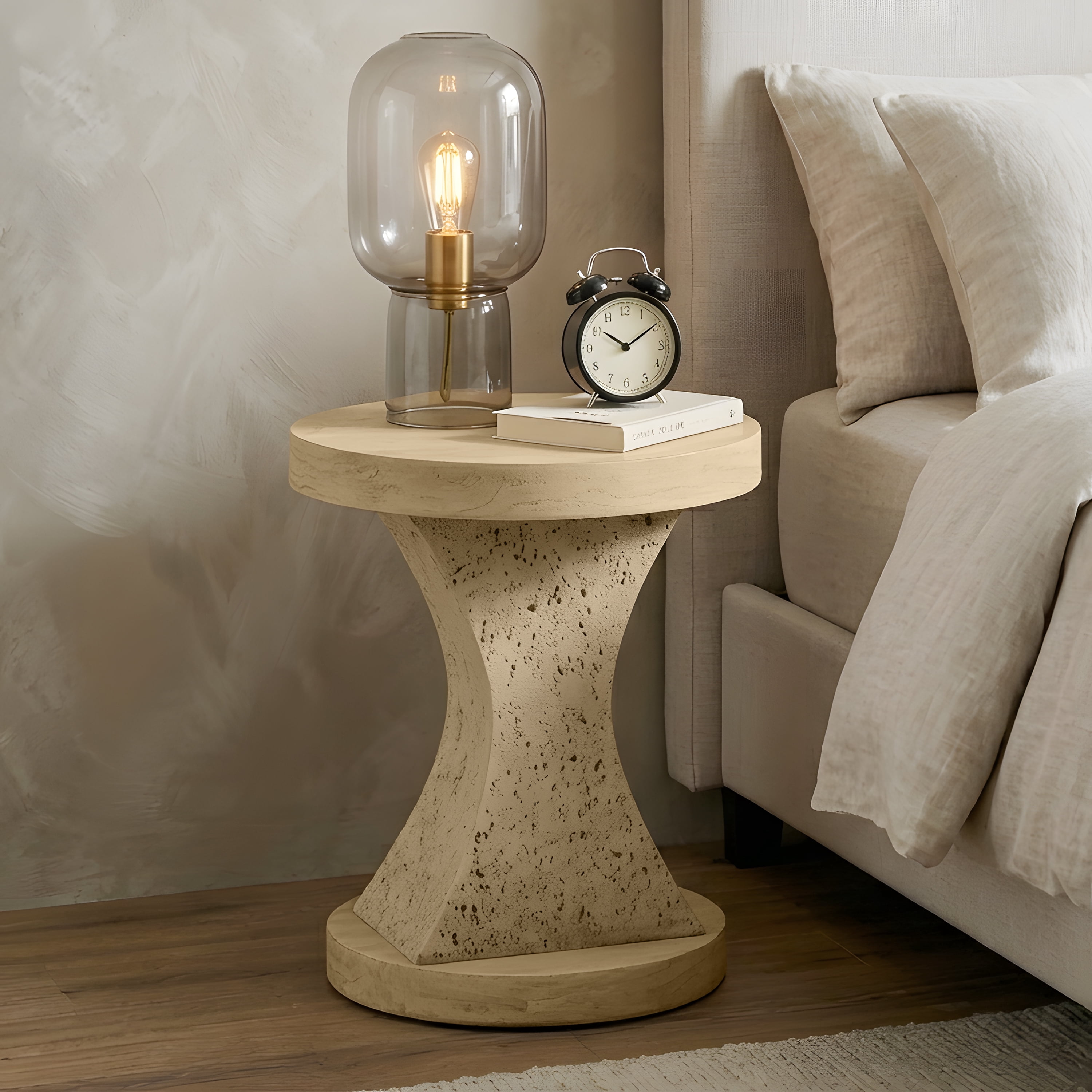Hourglass MGO Side Table–Waterproof, Fireproof, Sturdy & Textured–No Assembly Required，Sahara Oak Travertine