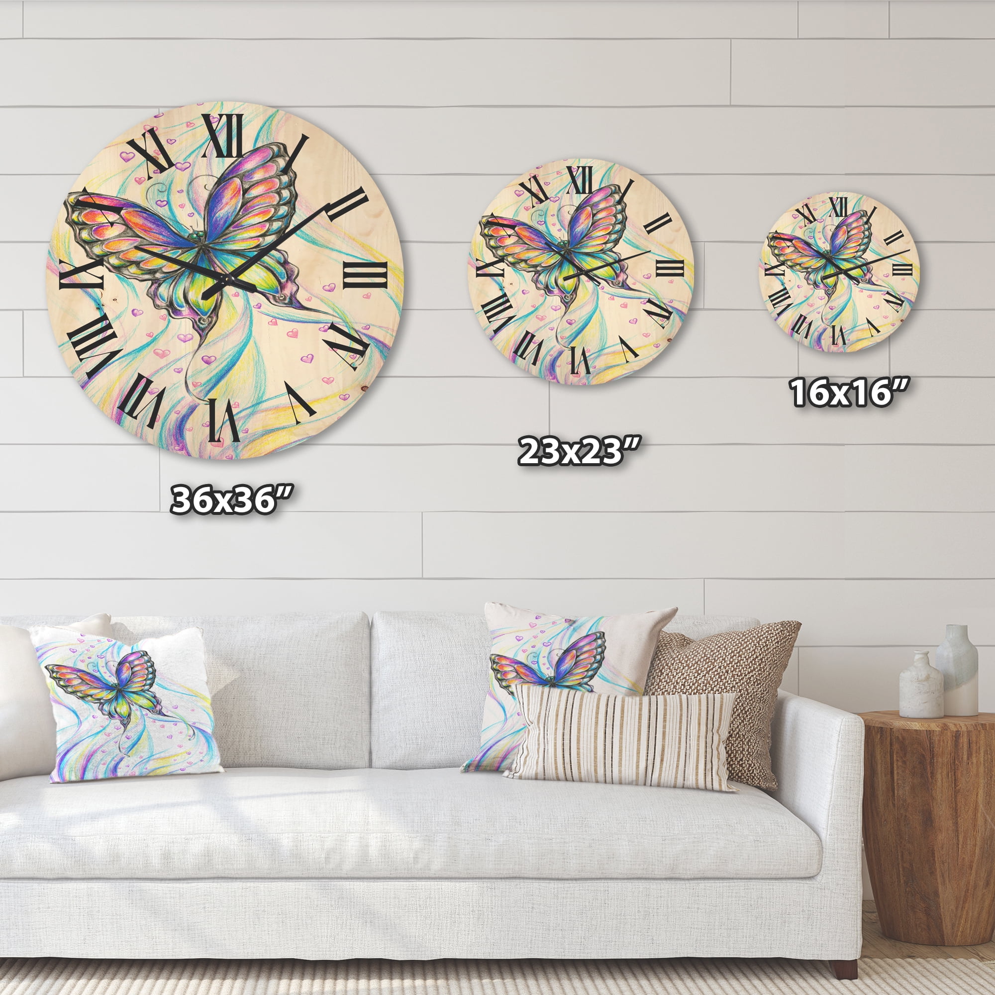 Designart 'Iridiscent Colorful Butterfly' Traditional Wood Wall Clock