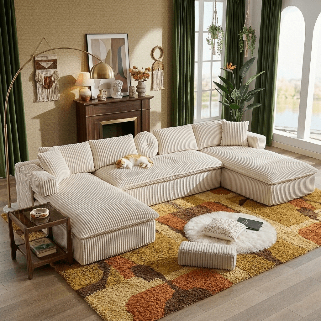 Howcool 149"W Oversized Modular Sectional Sofa,7-in-1 Corduroy U Shaped Sofa Couch with Double Chaise Lounge,Convertible Sleeper Sofa Bed,Deep Seat Cloud Couch for Living Room,Beige