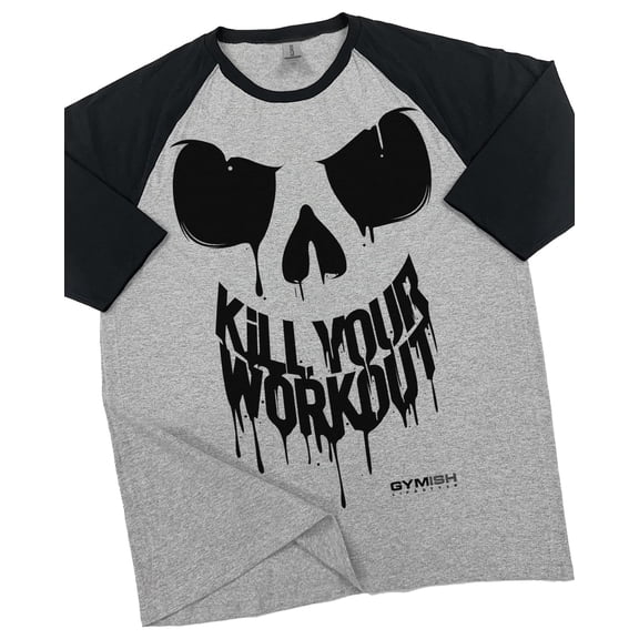 GYMISH RAGLAN Kill Your Workout Gym T-Shirt for Men – Funny Gym Shirt, Fitness & Weightlifting Tee, Heather Grey, Small