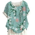 thumbnail image 4 of USSUMA Summer Tops for Women Trendy Linen Cotton Comfy Short Sleeve Dressy Shirts Blouses Round Neck Women's Tops Summer 2024 Floral Print Casual Tshirts Tunic Plus, 4 of 4