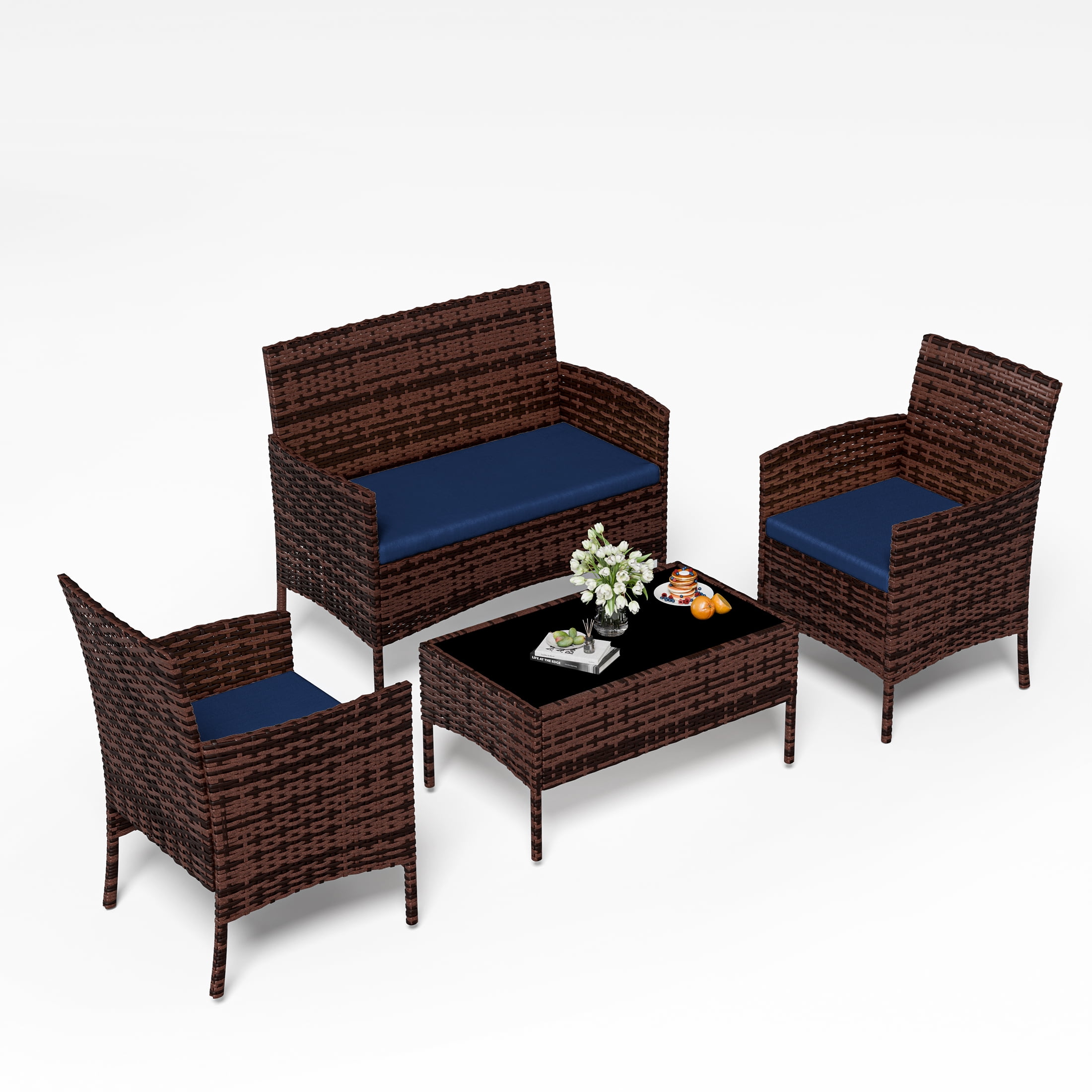 UDPATIO 4 Pieces Outdoor Patio Furniture,Sectional Conversation Sets,Brown PE Rattan Patio Chairs with Table and Loveseat for Balcony, Porch, Backyard,（Navy Blue Cushion）