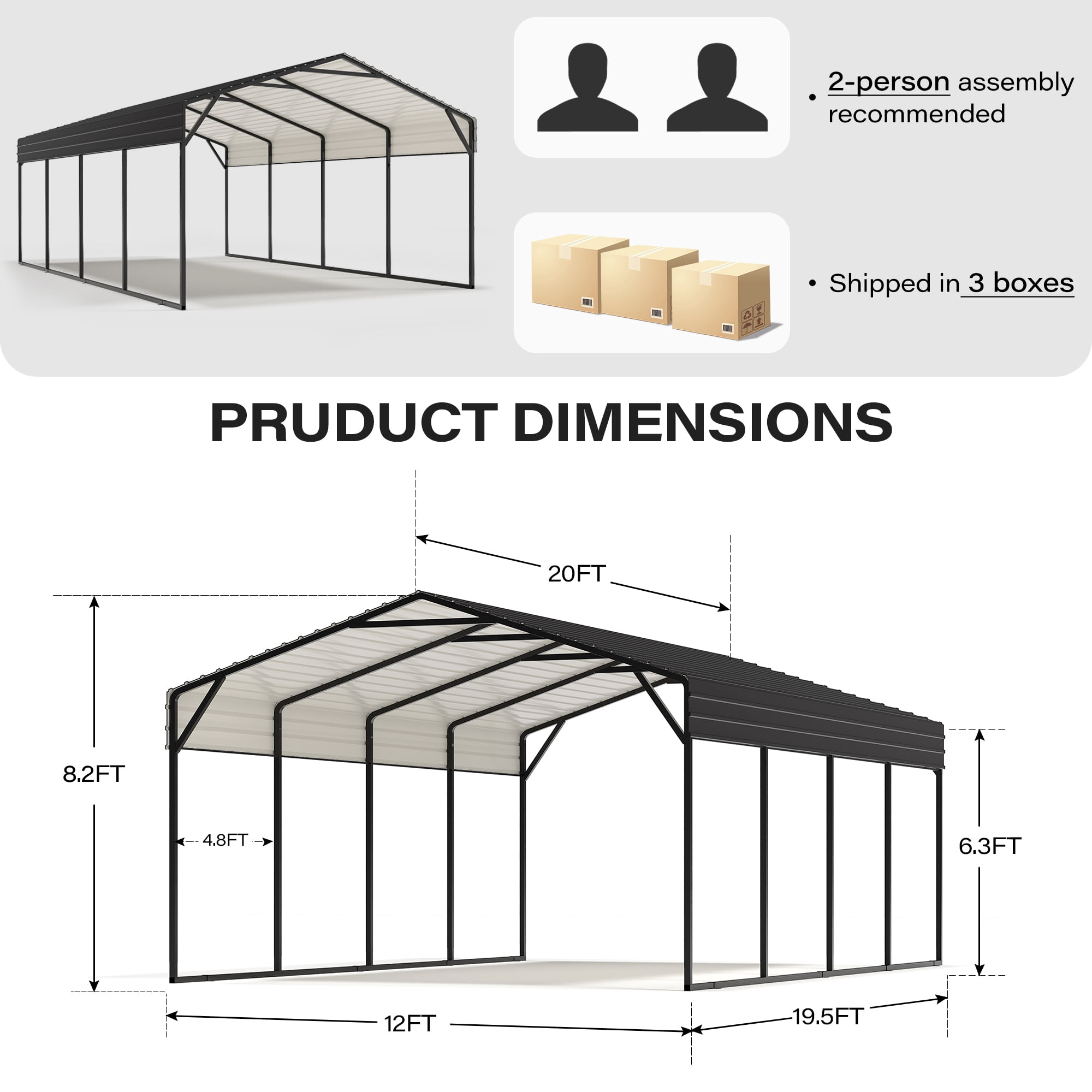 LAUSAINT HOME 12' x 20' Outdoor Metal Carport, Heavy Duty Waterproof Carport with Steel Panels for Car, Boat, Truck