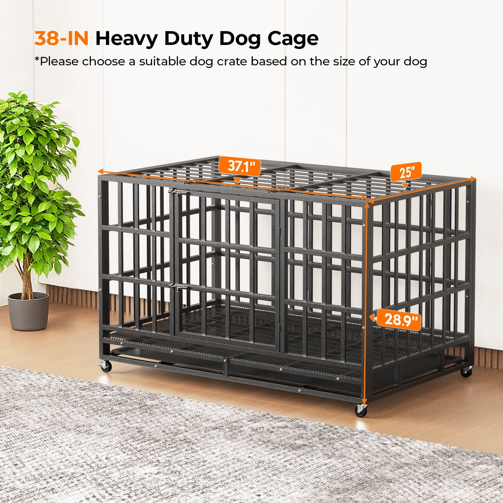 Ironovahome 38" Heavy Duty Dog Crate for Small Dogs, Indestructible Chew-Proof Escape-Proof Steel Dog Cage, Small Dog Kennel with Locking Wheels & Removable Tray for Indoor Use