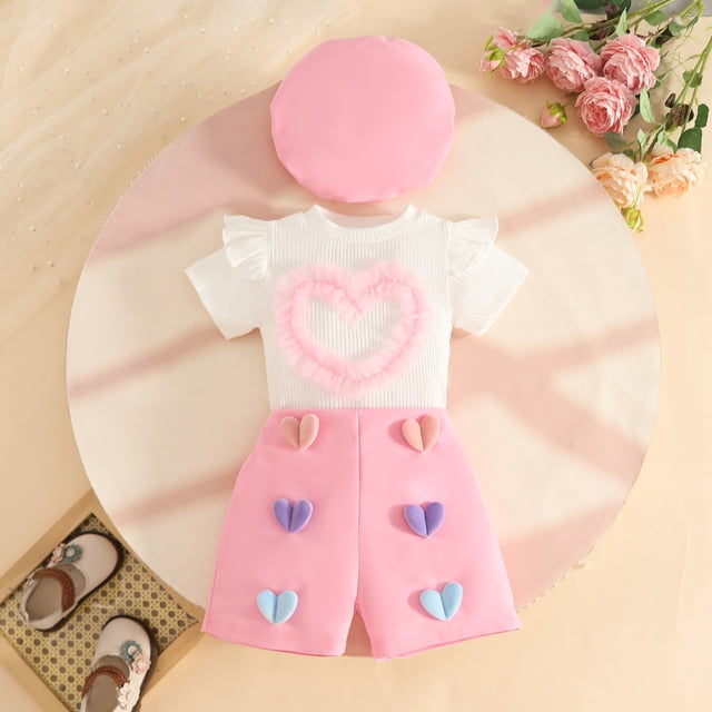 Conjuntos de blusas y camisas de cuello redondo y manga corta para niños, falda corta de manga larga con tiras en las axilas, pantalones, boina, conjunto de 3 piezas, pantalones cortos con cuentas de