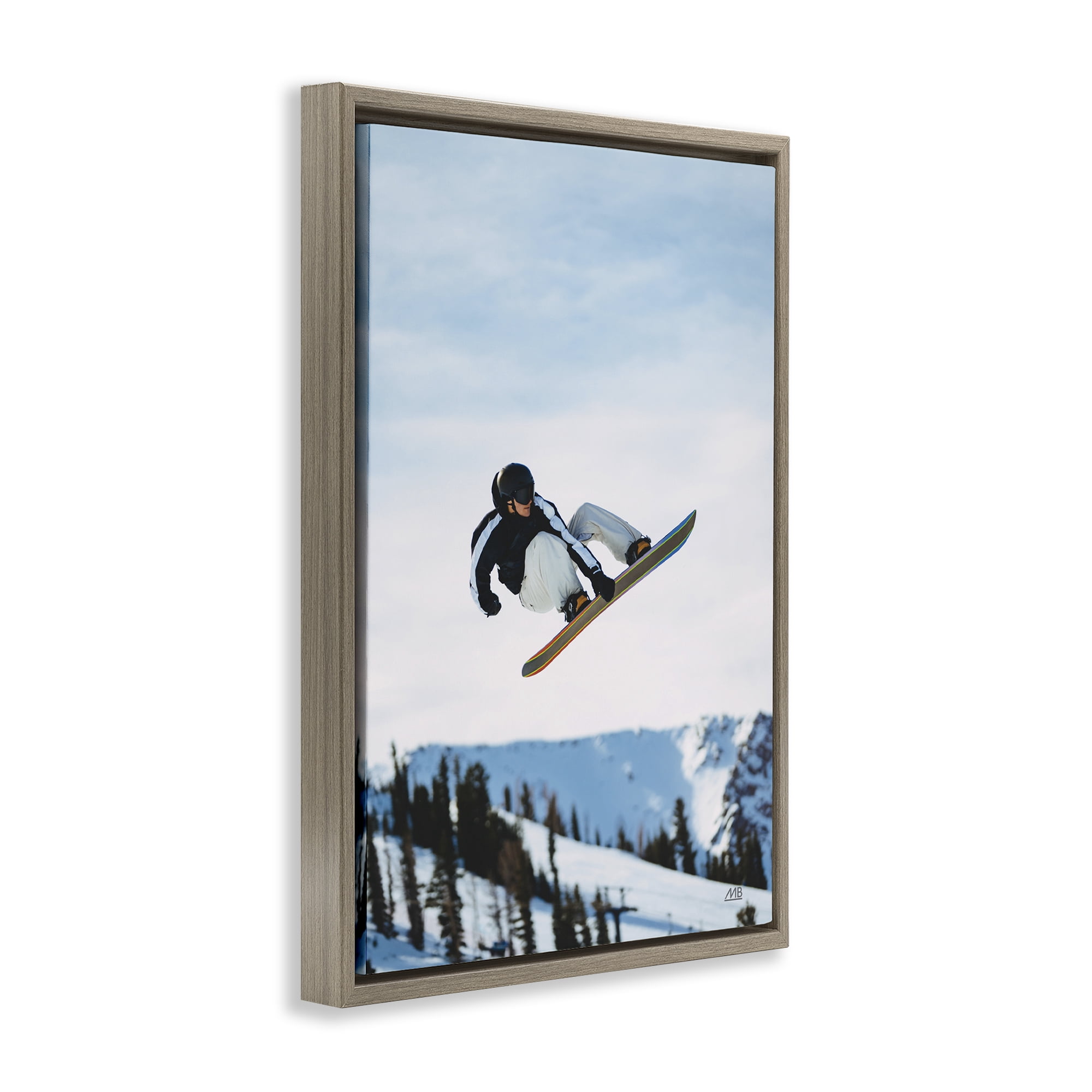 Stupell Industries Snowboarder Air Tricks Sports Photography Brown Floater Framed Canvas Art Print Wall Art, 17 x 25