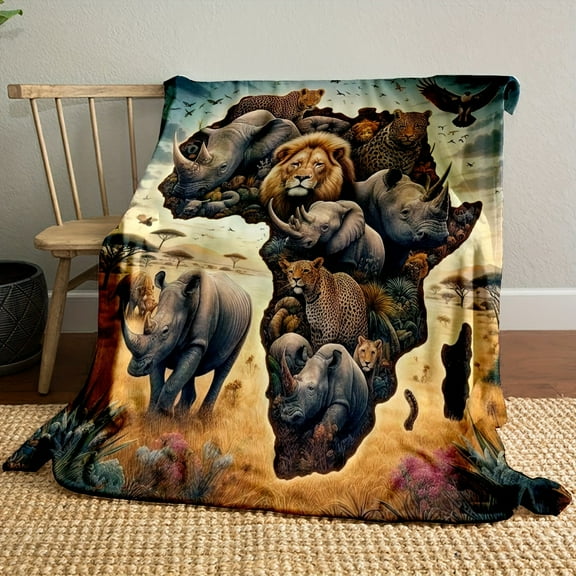 African Safari Animals Flannel Throw Blanket Ultra-Soft All-Season Cozy Blanket for Bed Sofa Camping & Travel Easy Care Vibrant Wildlife Design with Rhino Lion Leopard & More