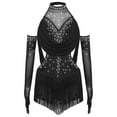 thumbnail image 2 of iixpin Girls Sleeveless Mesh Drapes Tassels Bodysuit for Samba Rumba Latin Rhinestones Dance Dress with Gloves Black 12, 2 of 6