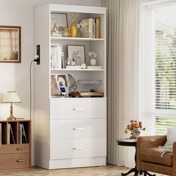 Homieasy 71" Tall Bookcases with 3 Large Drawers & 3 Shelves, Wooden Bookshelf for Living Room Office, with USB Ports & Outlets.White