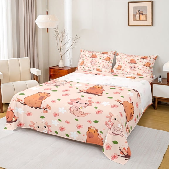 Homewish Cartoon Animal Cypabara Twin Sheet Sets,Cute Axolotl Twin Fitted Sheet,Pink Cherry Blossom Flat Sheet For Girs Teens,Breathable Home Decor,3-Piece