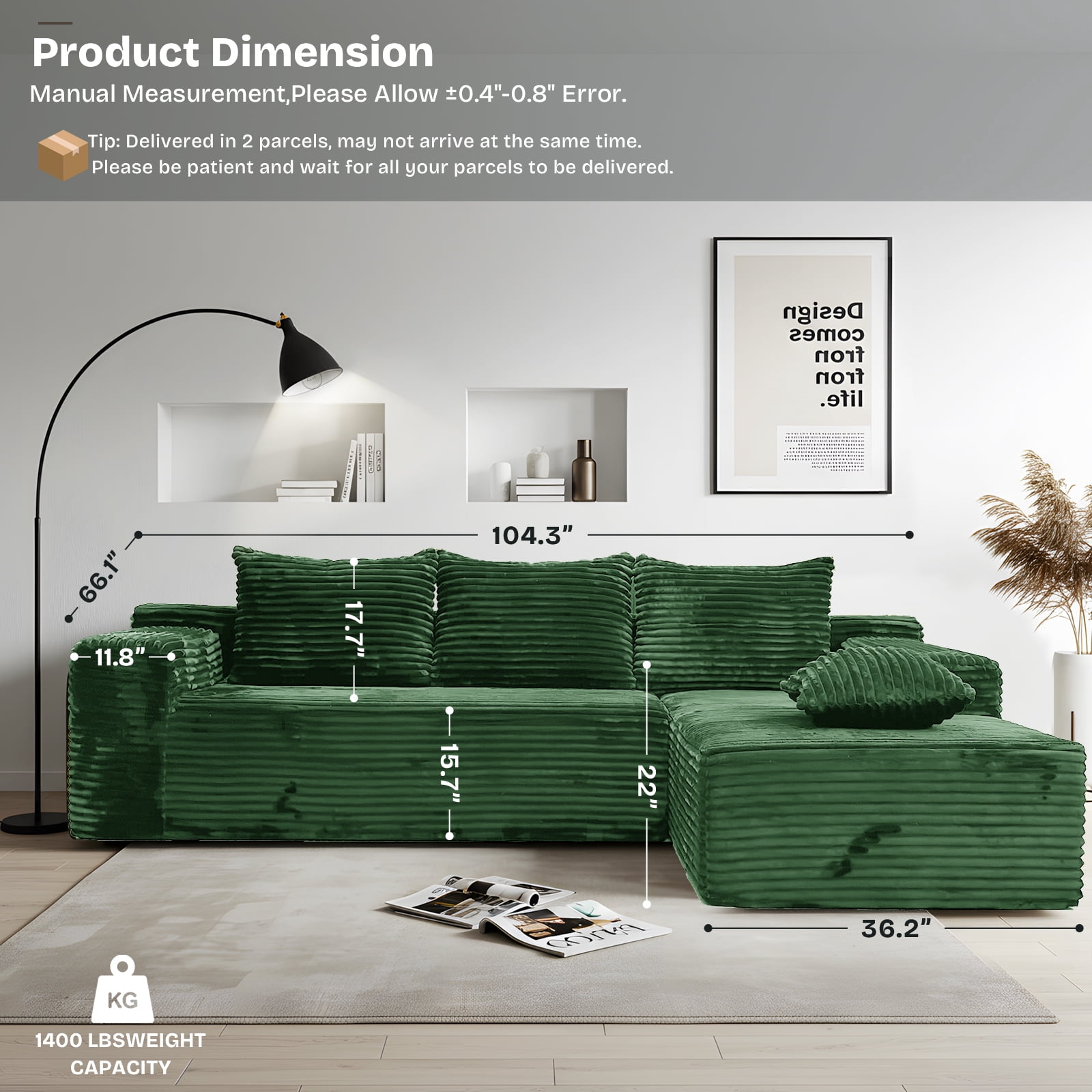 Kelyda 104'' Modular L-Shaped Sectional Sofa, Modern Memory Foam Deep Seat Corduroy Boneless Cloud Couch Green