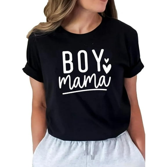 Mother Days Tees Womens Mom of Boys Round Neck Short Sleeve Graphic Shirts for Mama Shirts