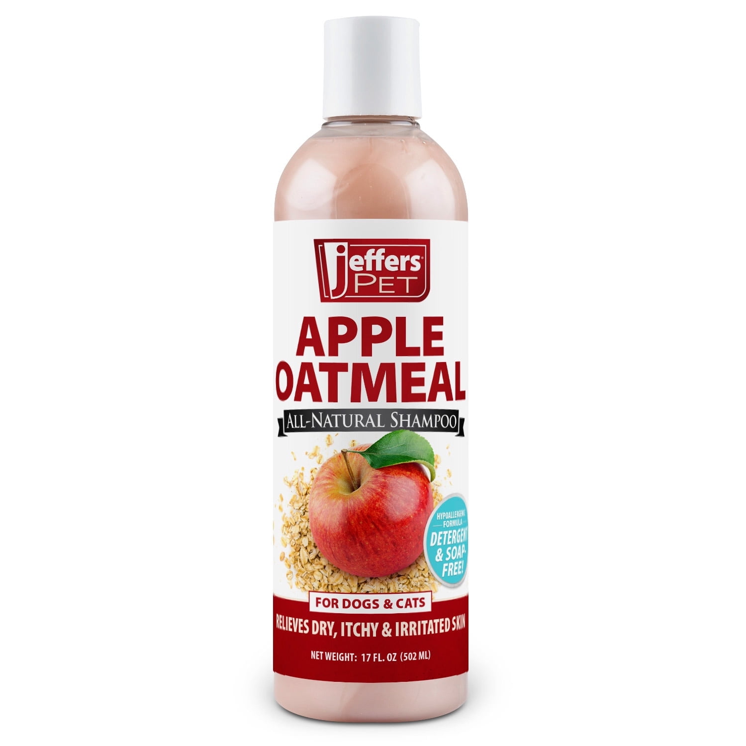 Jeffers Pet Apple Oatmeal Shampoo for Dogs & Cats, 17 oz - Gentle Coconut Based Formula w/ Colloidal Oat Protein, Soap Free, Deodorizing Apple Scent, Sensitive Skin, Puppies Kittens Grooming Care