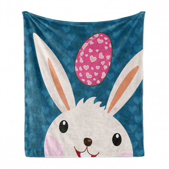 Bunny Soft Flannel Fleece Throw Blanket, Eastern Rabbit with a Love Themed Egg on Repetitive Hearts Pattern, Cozy Plush for Indoor and Outdoor Use, 50" x 70", Petrol Blue Pink and Blush, by Ambesonne