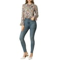 thumbnail image 3 of MODA NOVA Junior's Tie V Neck Blouse Long Trumpet Sleeve Floral Shirt Pink Green S, 3 of 6