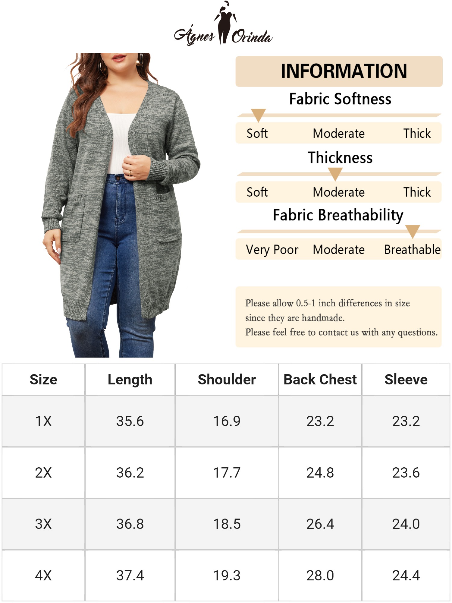 DARING DIVA Plus Size Contrast Color Open Front Long Sleeve Cardigan 1X Grey