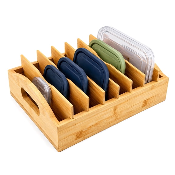 FOUKUS Container Lid Organizer: Bamboo Kitchen Storage Organizer with Adjustable Dividers for Plastic Lid Organizer, Food Container Lid Organizer for Cabinet, Drawer, Pantry & Countertop Organization