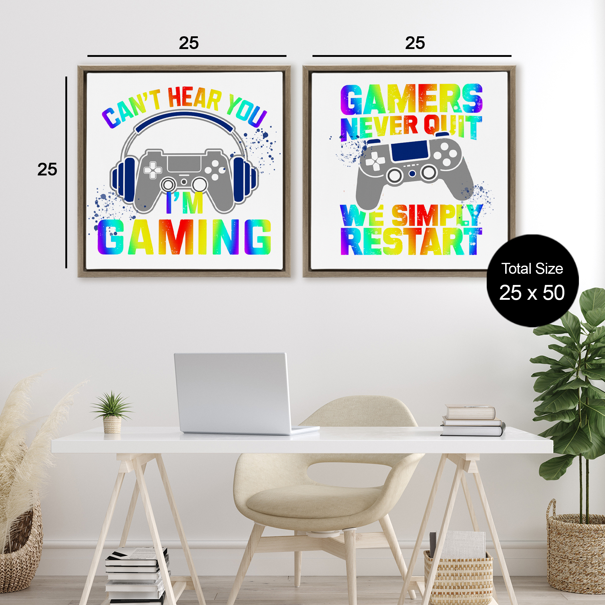 Rainbow Retro Gaming Phrases 2 Piece Brown Framed Floater Canvas Set, design by Kim Allen