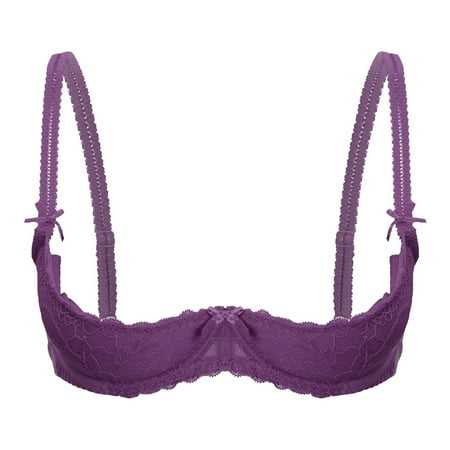 Aiihoo Women 1/4 Cup Lace Shelf Bra Balconette Underwired Demi Shelf Bra Sheer Bralette Purple XXL