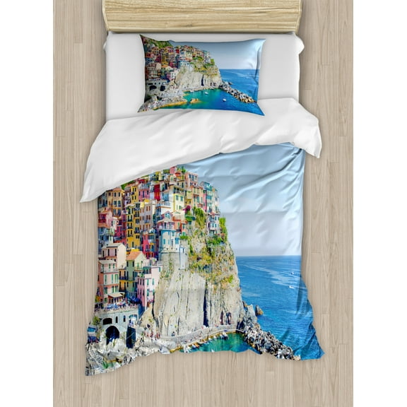 Vernazza Duvet Cover Set Twin Size, Beautiful Photo of Colorful Coastal Village Touristic Attraction Point in Italy, Decorative 2 Piece Bedding Set with 1 Pillow Sham, Multicolor, by Ambesonne