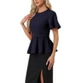 thumbnail image 4 of INSPIRE CHIC Women's Peplum Blouse Round Neck Bell Sleeve Belted Waist Office Blouse XS Dark Blue, 4 of 6