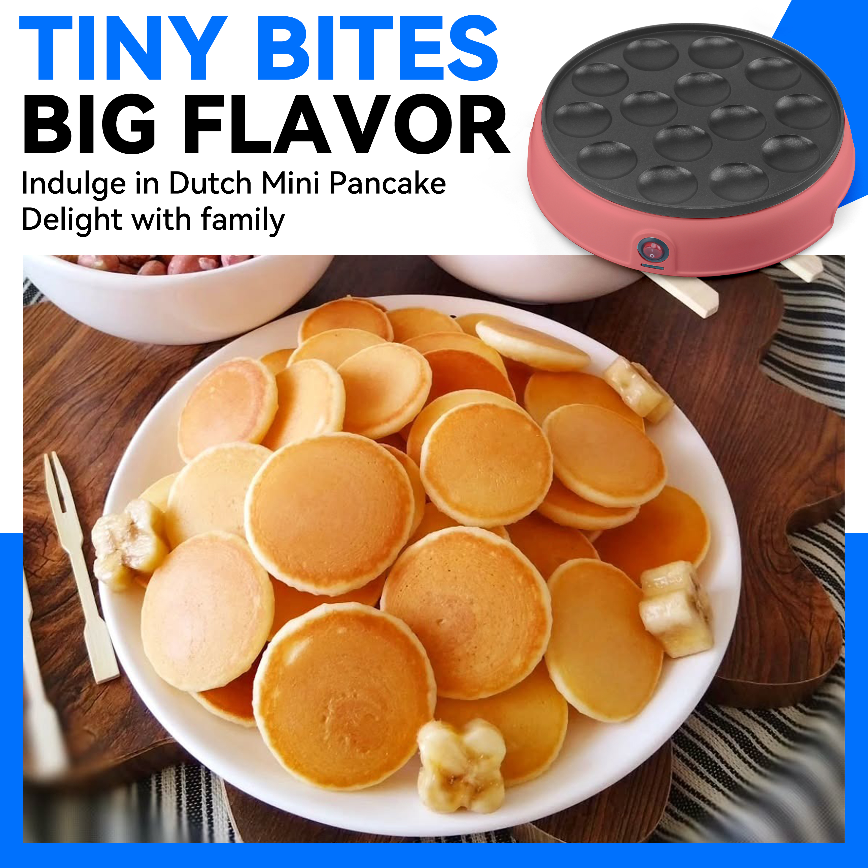 Mailand 1.8 Inch x14 Holes Mini Pancakes Maker Machine, Dutch Mini Pancake Griddle, Non-stick Poffertjes Pan, 2 x Forks Included, Red