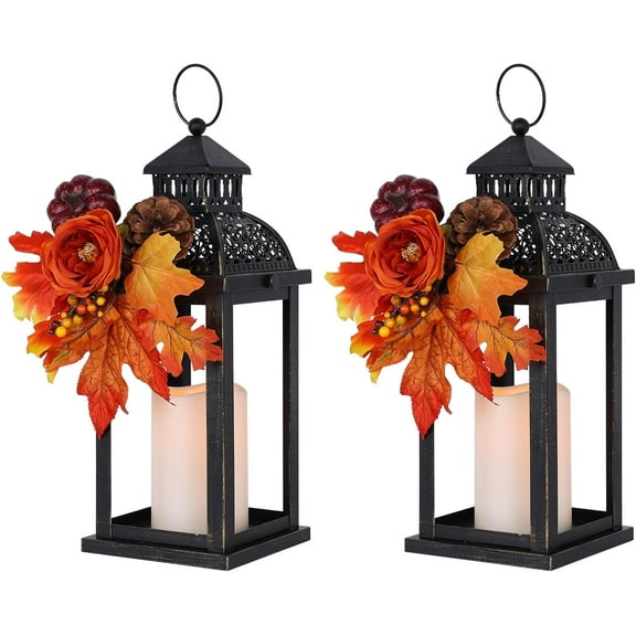 Fall Decorations for Home, 2 Pcs 15'' Fall Lantern Indoor Outdoor Thanksgiving Decor, Vintage Metal Hanging Candle Holders with Fall Teardrop Wreath and LED Candle for Patio, Porch, Table