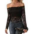 thumbnail image 3 of Women Lace Trim Off Shouder Top Long Sleeve Double Lined Y2k Trendy T Shirts, 3 of 7