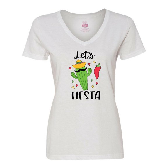 Inktastic Cinco De Mayo Let's Fiesta Cute Cactus with Sombrero Women's V-Neck T-Shirt