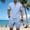 Light Blue, variant on Men's 2 Pieces Linen Set Lace up Henley Shirt Short Sleeve and Medieval Viking Pirate Shorts Summer Beach Yoga Matching Outfits Big and Tall Size S-3XL White