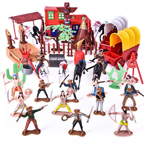 60 Piece Set of 2 Inch Plastic Cowboys and Indians Figurines 