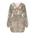 thumbnail image 6 of Blczomt Gold Women Dress Sequin Birthday Party Long Sleeve Bodycon Mini Sexy V Neck Dresses, 6 of 8