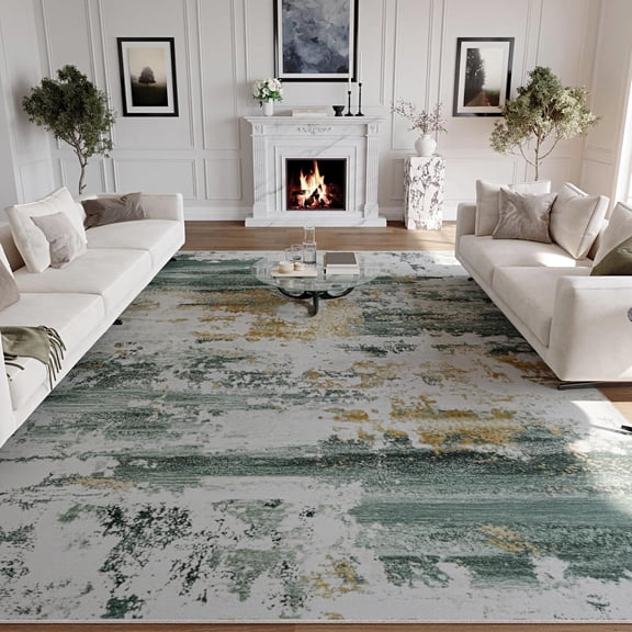 Washable Area Rug for Living Room, 8x10 Non Slip Modern Abstract Green Rugs, Easy Clearning Low Pile Large Carpet for Bedroom, Dining Room, Nursery, Home Office