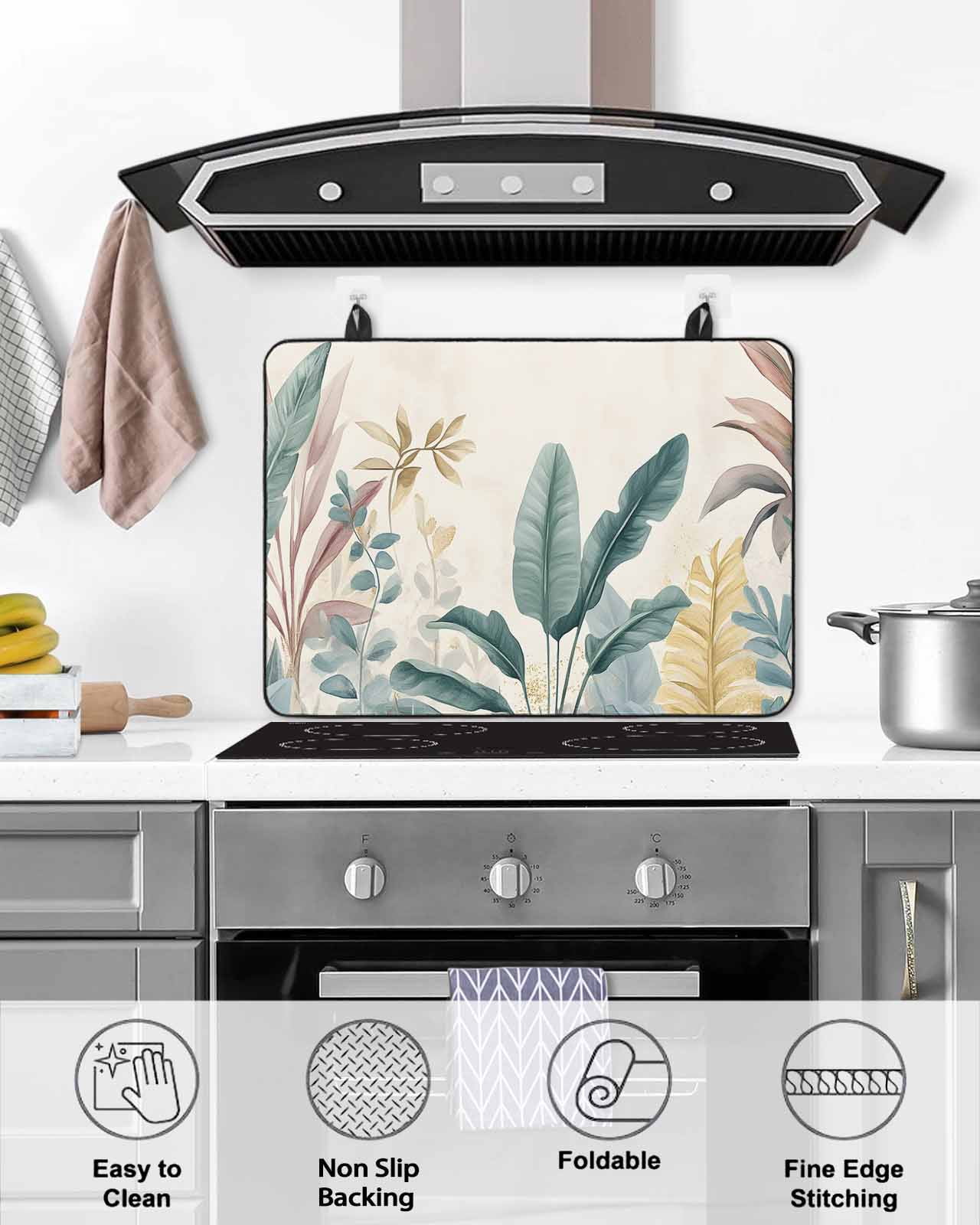 nqOlkjepod Large Induction Cooktop Protector Mat 24"x21", Sage Green Tropical Leaves Stove Top Covers for Electric Stove, Watercolor Botanical Stove Burner Cover Mats, Glass Top Stove Cover
